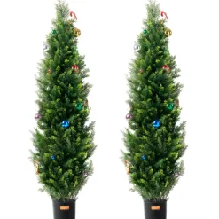 VEVOR Artificial Cedar Topiary Tree, 60 inch Tall (2 Pieces), with Extra Leaves & Pot Faux Evergreen Fake Pine Cypress Trees Plant, UV Rated Artificial Greenery Set for Home Decor Indoor/Outdoor