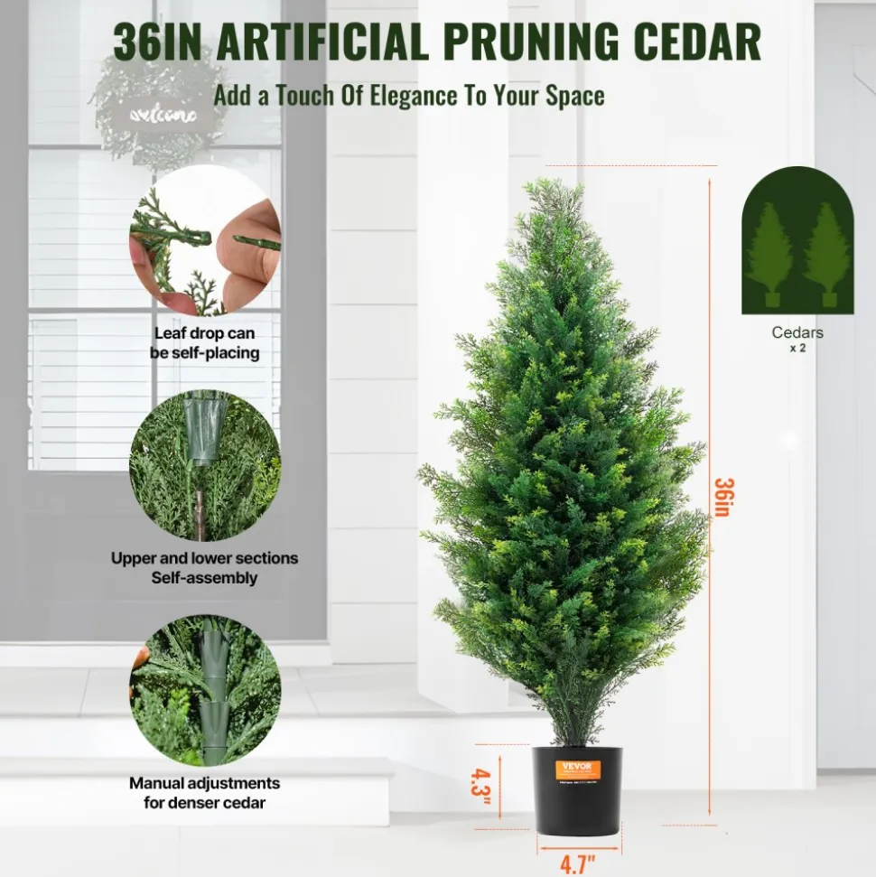 VEVOR Artificial Cedar Topiary Tree, 36 inch Tall (2 Pieces), with Extra Leaves & Pot Faux Evergreen Fake Pine Cypress Trees Plant, UV Rated Artificial Greenery Set for Home Decor Indoor/Outdoor