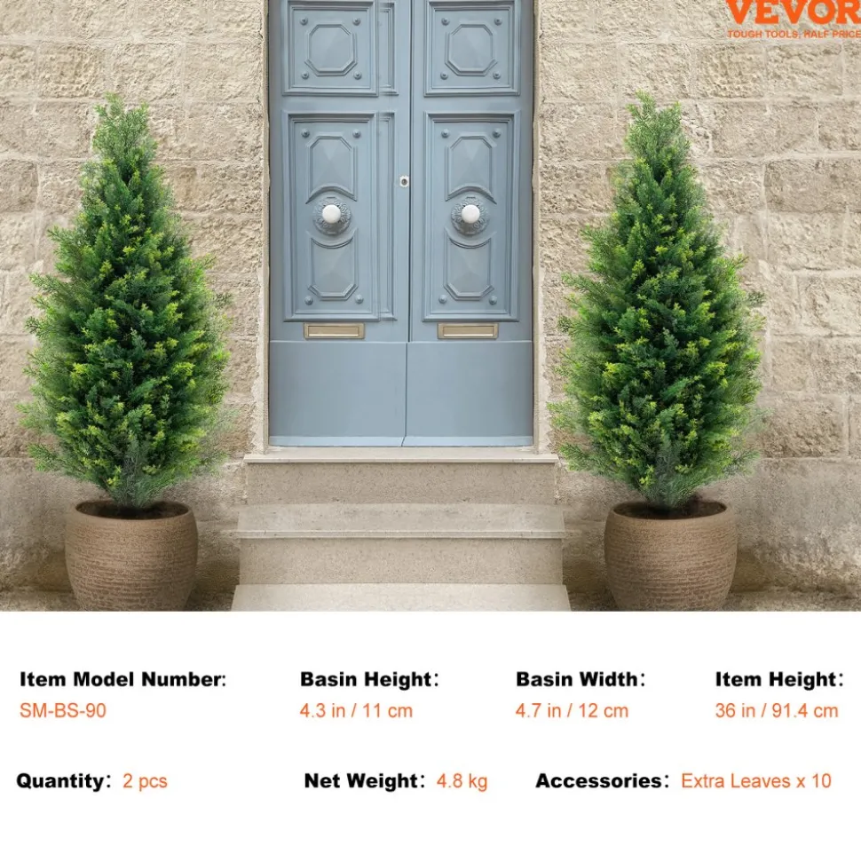 VEVOR Artificial Cedar Topiary Tree, 36 inch Tall (2 Pieces), with Extra Leaves & Pot Faux Evergreen Fake Pine Cypress Trees Plant, UV Rated Artificial Greenery Set for Home Decor Indoor/Outdoor