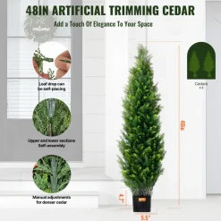 VEVOR Artificial Cedar Topiary Tree, 48 inch Tall (2 Pieces), with Extra Leaves & Pot Faux Evergreen Fake Pine Cypress Trees Plant, UV Rated Artificial Greenery Set for Home Decor Indoor/Outdoor