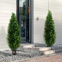 VEVOR Artificial Cedar Topiary Tree, 48 inch Tall (2 Pieces), with Extra Leaves & Pot Faux Evergreen Fake Pine Cypress Trees Plant, UV Rated Artificial Greenery Set for Home Decor Indoor/Outdoor