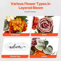 VEVOR Artificial Decorative Wreath, 24 in, Red Orange Yellow, Decorated with Hydrangeas, Roses, Wooden Sign, Year Round Wreath for All Seasons Indoor and Outdoor Home Wall Window Festival Decorations
