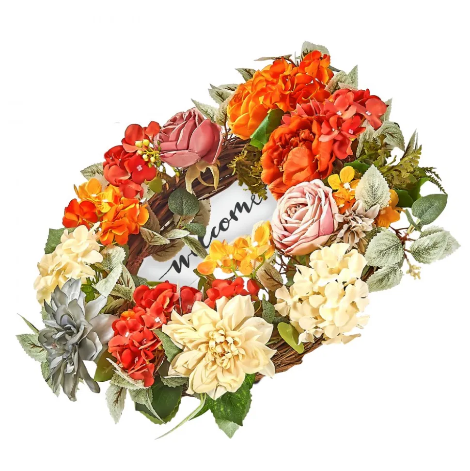VEVOR Artificial Decorative Wreath, 24 in, Red Orange Yellow, Decorated with Hydrangeas, Roses, Wooden Sign, Year Round Wreath for All Seasons Indoor and Outdoor Home Wall Window Festival Decorations