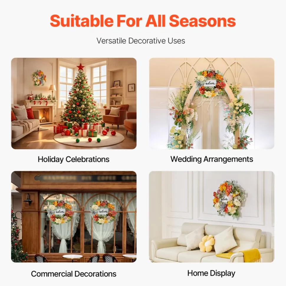 VEVOR Artificial Decorative Wreath, 24 in, Red Orange Yellow, Decorated with Hydrangeas, Roses, Wooden Sign, Year Round Wreath for All Seasons Indoor and Outdoor Home Wall Window Festival Decorations