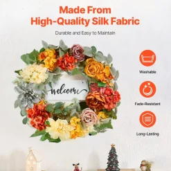 VEVOR Artificial Decorative Wreath, 24 in, Red Orange Yellow, Decorated with Hydrangeas, Roses, Wooden Sign, Year Round Wreath for All Seasons Indoor and Outdoor Home Wall Window Festival Decorations