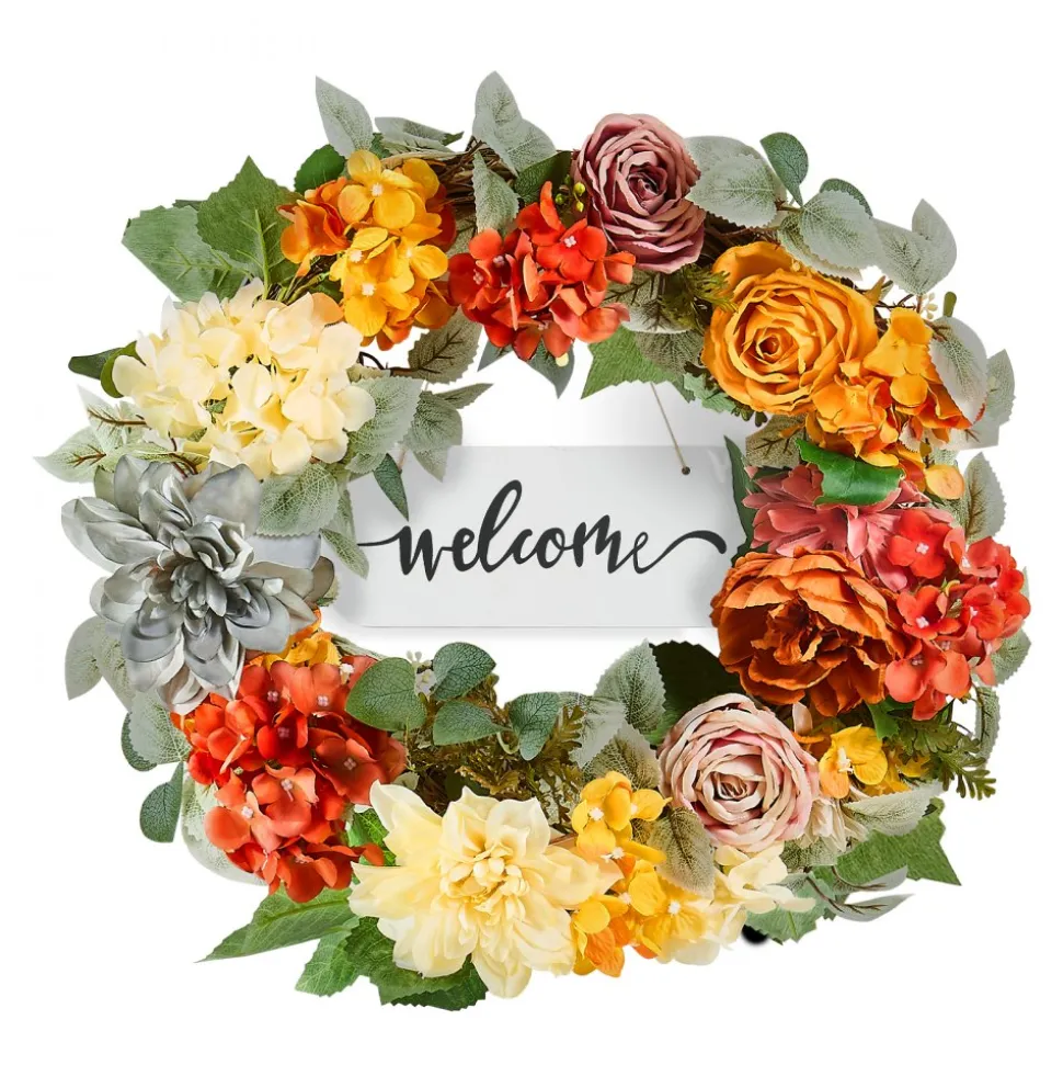 VEVOR Artificial Decorative Wreath, 24 in, Red Orange Yellow, Decorated with Hydrangeas, Roses, Wooden Sign, Year Round Wreath for All Seasons Indoor and Outdoor Home Wall Window Festival Decorations