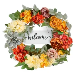 VEVOR Artificial Decorative Wreath, 24 in, Red Orange Yellow, Decorated with Hydrangeas, Roses, Wooden Sign, Year Round Wreath for All Seasons Indoor and Outdoor Home Wall Window Festival Decorations