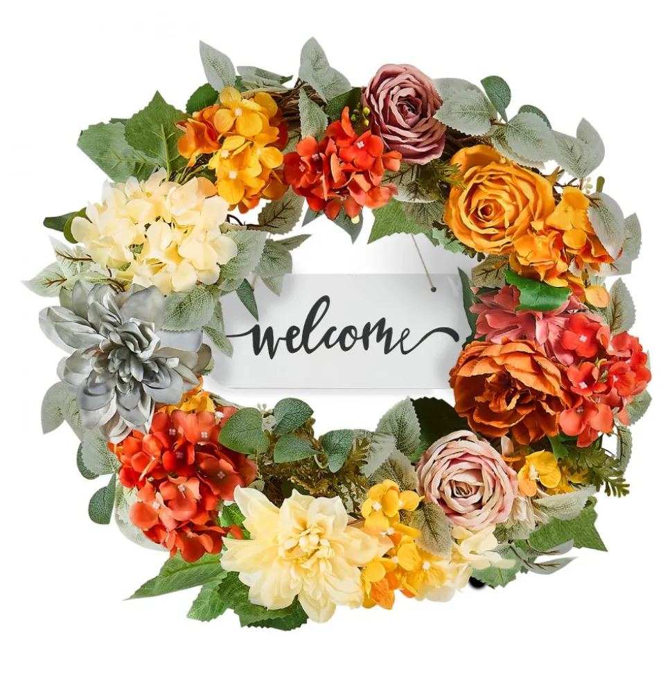 VEVOR Artificial Decorative Wreath, 24 in, Red Orange Yellow, Decorated with Hydrangeas, Roses, Wooden Sign, Year Round Wreath for All Seasons Indoor and Outdoor Home Wall Window Festival Decorations