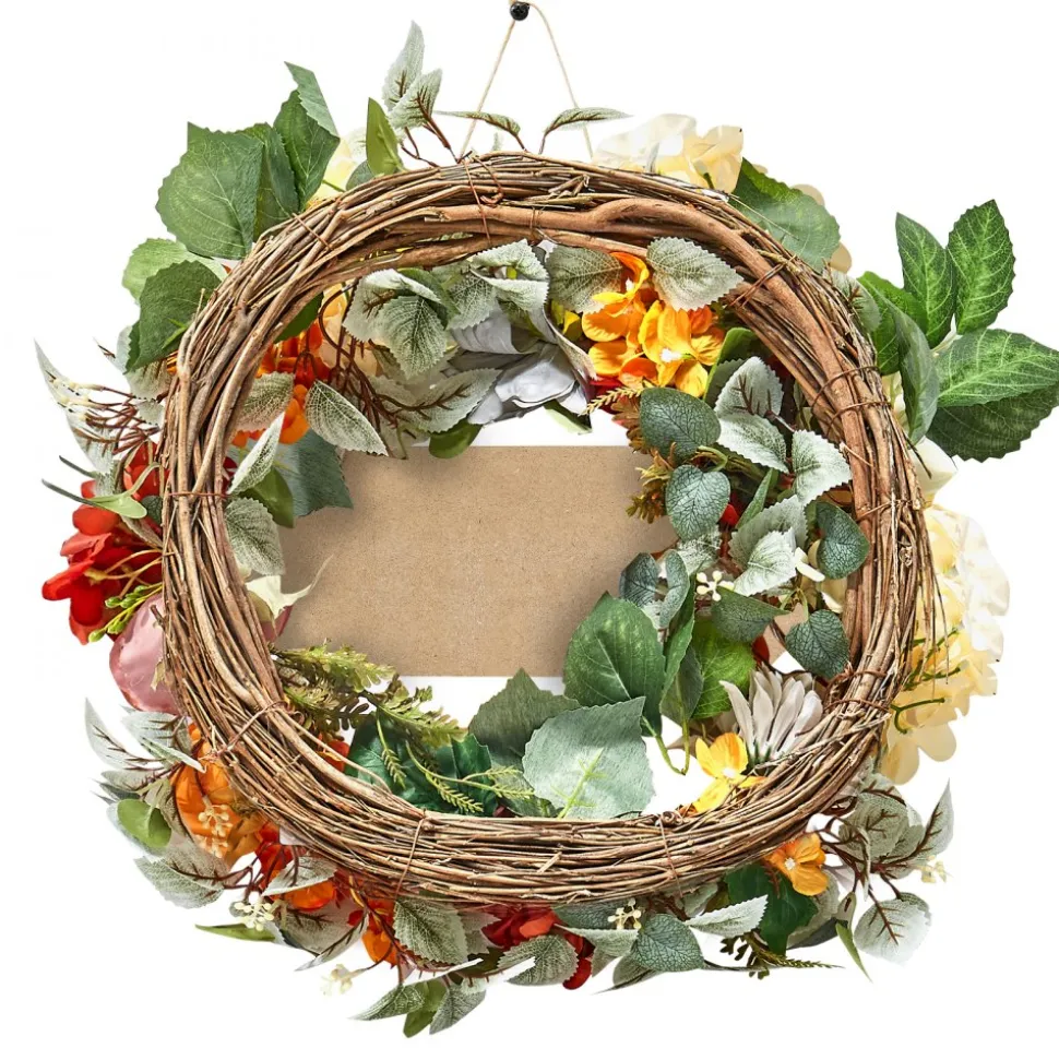 VEVOR Artificial Decorative Wreath, 24 in, Red Orange Yellow, Decorated with Hydrangeas, Roses, Wooden Sign, Year Round Wreath for All Seasons Indoor and Outdoor Home Wall Window Festival Decorations