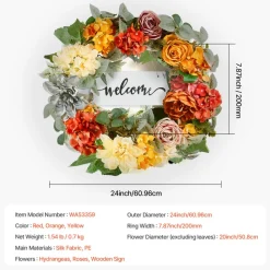 VEVOR Artificial Decorative Wreath, 24 in, Red Orange Yellow, Decorated with Hydrangeas, Roses, Wooden Sign, Year Round Wreath for All Seasons Indoor and Outdoor Home Wall Window Festival Decorations