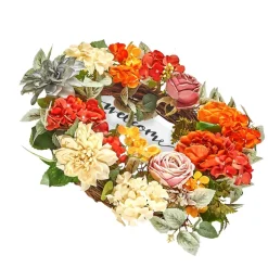 VEVOR Artificial Decorative Wreath, 24 in, Red Orange Yellow, Decorated with Hydrangeas, Roses, Wooden Sign, Year Round Wreath for All Seasons Indoor and Outdoor Home Wall Window Festival Decorations