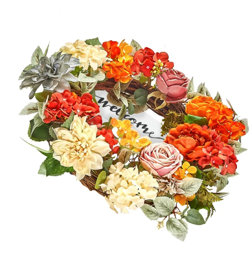 VEVOR Artificial Decorative Wreath, 24 in, Red Orange Yellow, Decorated with Hydrangeas, Roses, Wooden Sign, Year Round Wreath for All Seasons Indoor and Outdoor Home Wall Window Festival Decorations