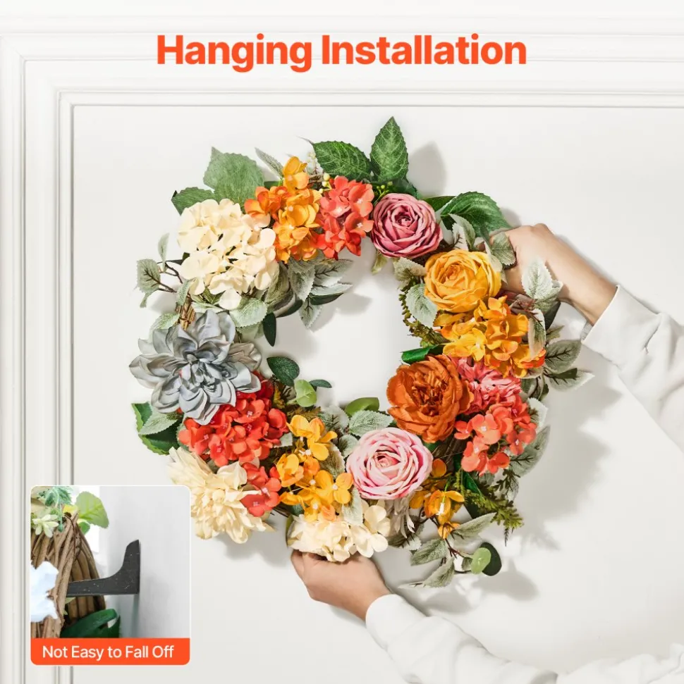 VEVOR Artificial Decorative Wreath, 24 in, Red Orange Yellow, Decorated with Hydrangeas, Roses, Wooden Sign, Year Round Wreath for All Seasons Indoor and Outdoor Home Wall Window Festival Decorations