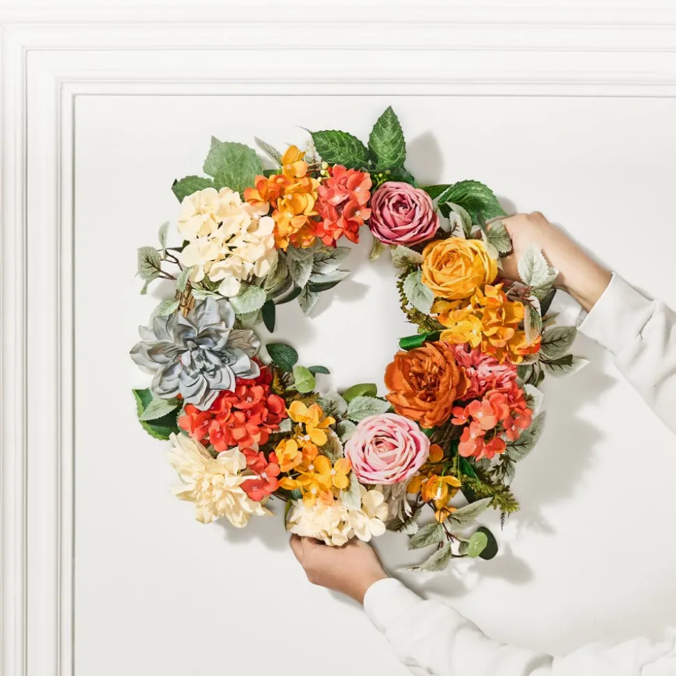 VEVOR Artificial Decorative Wreath, 24 in, Red Orange Yellow, Decorated with Hydrangeas, Roses, Wooden Sign, Year Round Wreath for All Seasons Indoor and Outdoor Home Wall Window Festival Decorations