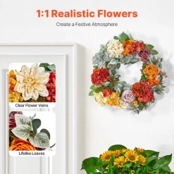VEVOR Artificial Decorative Wreath, 24 in, Red Orange Yellow, Decorated with Hydrangeas, Roses, Wooden Sign, Year Round Wreath for All Seasons Indoor and Outdoor Home Wall Window Festival Decorations