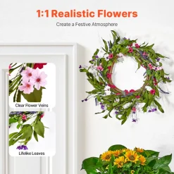 VEVOR Artificial Decorative Wreath, 22 in, Pink Green, Decorated with Daisies, Babysbreath, Buds, Year Round Wreath for All Seasons Indoor and Outdoor Home Wall Window Festival Wedding Decorations