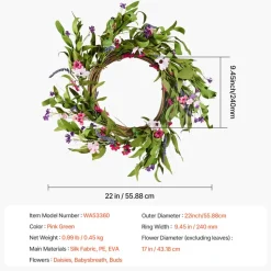 VEVOR Artificial Decorative Wreath, 22 in, Pink Green, Decorated with Daisies, Babysbreath, Buds, Year Round Wreath for All Seasons Indoor and Outdoor Home Wall Window Festival Wedding Decorations