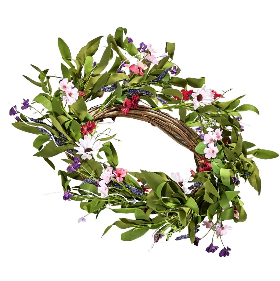 VEVOR Artificial Decorative Wreath, 22 in, Pink Green, Decorated with Daisies, Babysbreath, Buds, Year Round Wreath for All Seasons Indoor and Outdoor Home Wall Window Festival Wedding Decorations