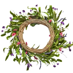 VEVOR Artificial Decorative Wreath, 22 in, Pink Green, Decorated with Daisies, Babysbreath, Buds, Year Round Wreath for All Seasons Indoor and Outdoor Home Wall Window Festival Wedding Decorations
