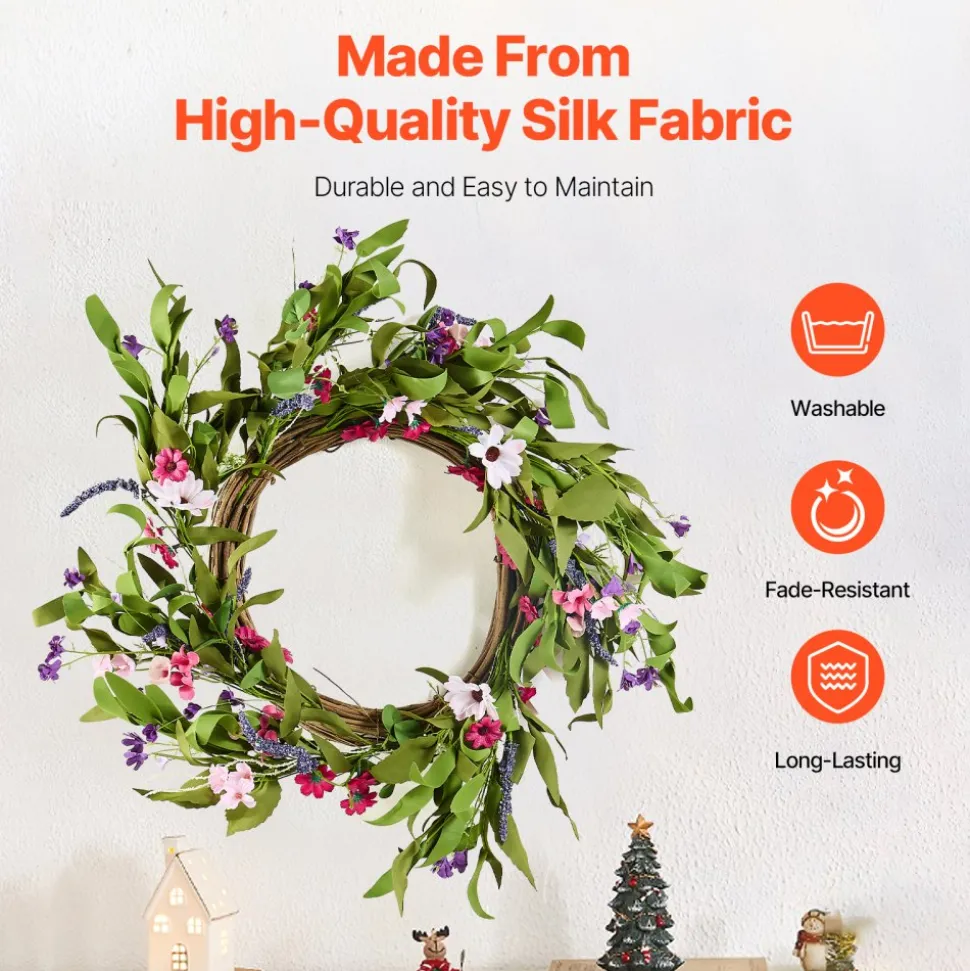 VEVOR Artificial Decorative Wreath, 22 in, Pink Green, Decorated with Daisies, Babysbreath, Buds, Year Round Wreath for All Seasons Indoor and Outdoor Home Wall Window Festival Wedding Decorations