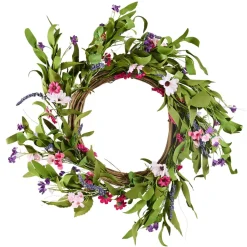 VEVOR Artificial Decorative Wreath, 22 in, Pink Green, Decorated with Daisies, Babysbreath, Buds, Year Round Wreath for All Seasons Indoor and Outdoor Home Wall Window Festival Wedding Decorations