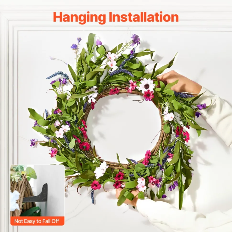 VEVOR Artificial Decorative Wreath, 22 in, Pink Green, Decorated with Daisies, Babysbreath, Buds, Year Round Wreath for All Seasons Indoor and Outdoor Home Wall Window Festival Wedding Decorations