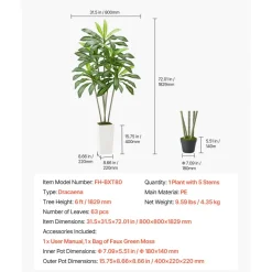 VEVOR Artificial Dracaena Tree 6 ft, Fake Palm Tropical Plants with White Tall Planter, Faux Floor Silk Plant in Pot, Large Trees for Home Office Living Room Decor House Warming, Indoor Outdoor
