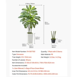VEVOR Artificial Dracaena Tree 5 ft, Fake Palm Tropical Plants with White Tall Planter, Faux Floor Silk Plant in Pot, Large Trees for Home Office Living Room Decor House Warming, Indoor Outdoor