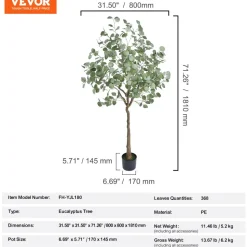 VEVOR Artificial Eucalyptus Tree, 6 FT Tall Faux Plant, Secure PE Material & Anti-Tip Tilt Protection Low-Maintenance Plant, Lifelike Green Fake Potted Tree for Home Office Decor Indoor Outdoor