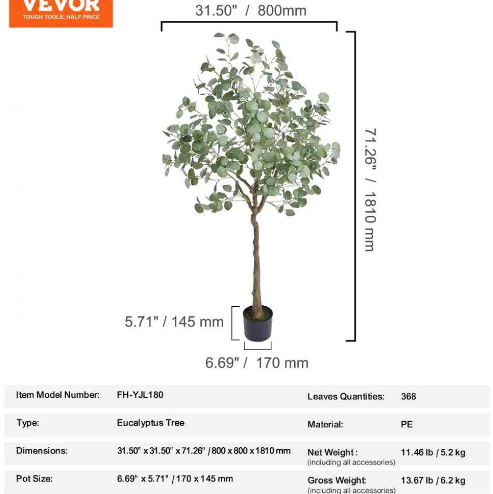VEVOR Artificial Eucalyptus Tree, 6 FT Tall Faux Plant, Secure PE Material & Anti-Tip Tilt Protection Low-Maintenance Plant, Lifelike Green Fake Potted Tree for Home Office Decor Indoor Outdoor