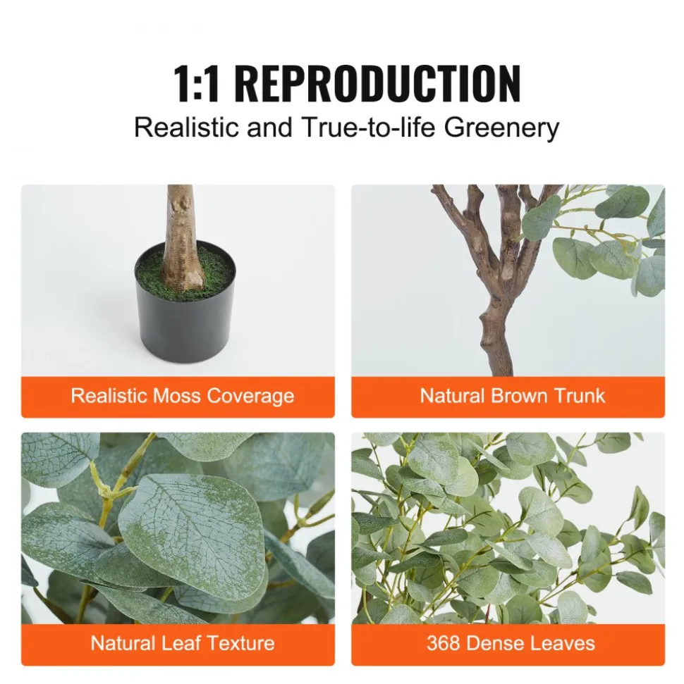 VEVOR Artificial Eucalyptus Tree, 6 FT Tall Faux Plant, Secure PE Material & Anti-Tip Tilt Protection Low-Maintenance Plant, Lifelike Green Fake Potted Tree for Home Office Decor Indoor Outdoor