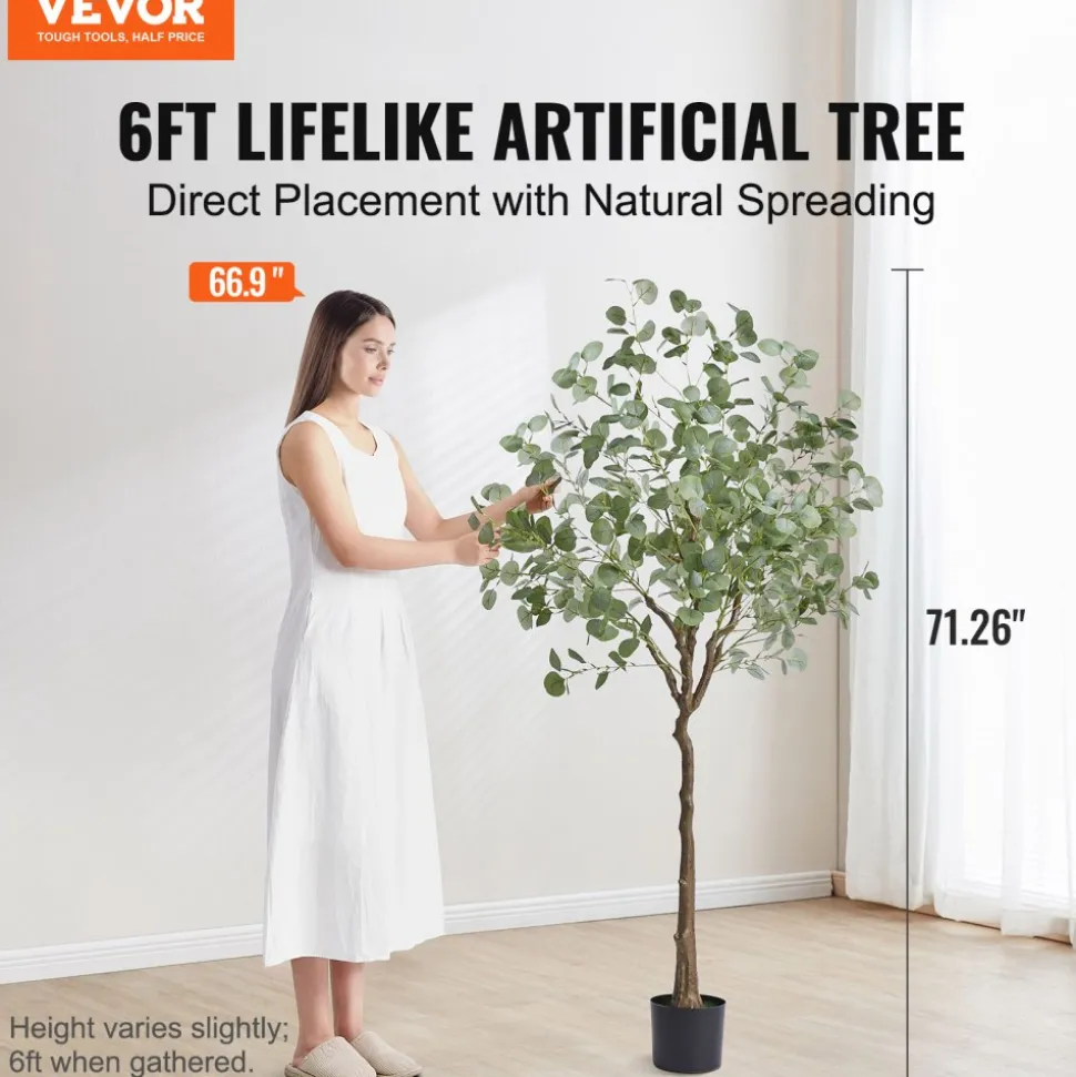 VEVOR Artificial Eucalyptus Tree, 6 FT Tall Faux Plant, Secure PE Material & Anti-Tip Tilt Protection Low-Maintenance Plant, Lifelike Green Fake Potted Tree for Home Office Decor Indoor Outdoor