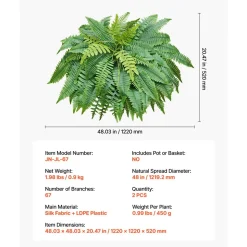 VEVOR Artificial Ferns, 48 Inch Fake Boston Fern Bush Plant with 67 Fronds, Faux Greenery for Indoor/Outdoor Decor, Silk & LDPE, Suitable for Home Porch Garden Office Living Room Planter, Set of 2