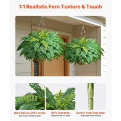 VEVOR Artificial Ferns, 45 Inch Fake Boston Fern Bush Plant with 63 Fronds, Faux Greenery for Indoor/Outdoor Decor, Silk & LDPE, Suitable for Home Porch Garden Office Living Room Planter, Set of 2