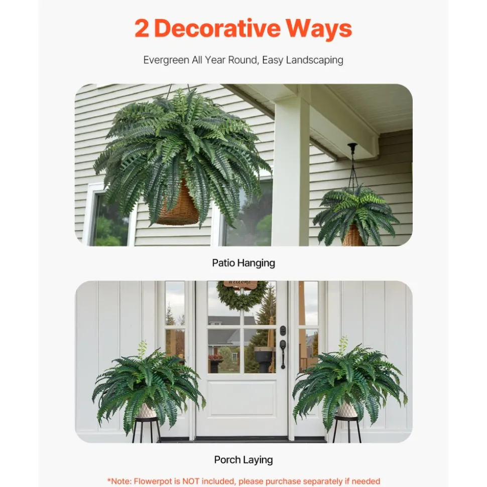 VEVOR Artificial Ferns, Natural Spread Diameter 43-47 Inch, Large Hanging Artificial Boston Ferns, Fake Plant Wall Decor with 88 Branches, Faux Fern for Home Office and Outdoor (Flowerpot Unincluded)