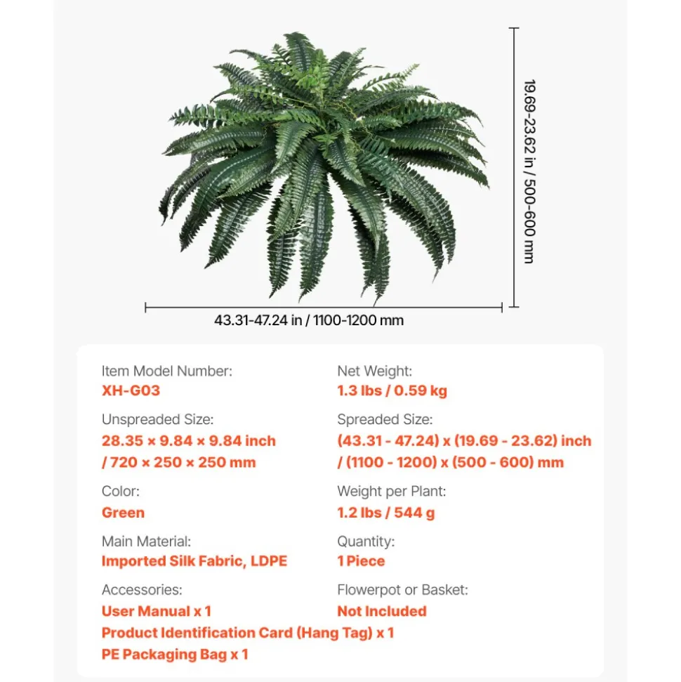 VEVOR Artificial Ferns, Natural Spread Diameter 43-47 Inch, Large Hanging Artificial Boston Ferns, Fake Plant Wall Decor with 88 Branches, Faux Fern for Home Office and Outdoor (Flowerpot Unincluded)