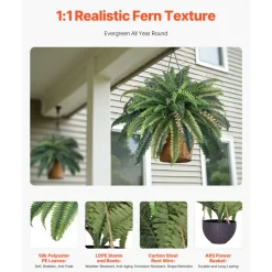VEVOR Artificial Ferns, Natural Spread Diameter 37-41 Inch, Large Hanging Fake Boston Ferns, Sunlight Resistant Fake Plant Wall Decor with 80 Branches and Flowerpot, Faux Fern for Home Office Outdoor