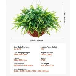 VEVOR Artificial Ferns, 2 Pcs Fake Hanging Boston Fern Bush Plant with 23 Inch Hanging Length, Plastic Faux Greenery for Indoor and Outdoor Decor, For Wall, Wedding Party, Home, Porch Garden, Office