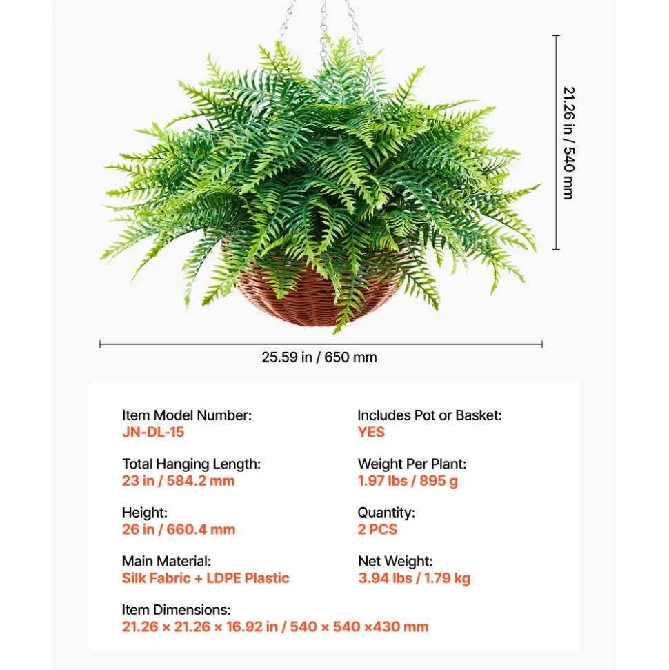 VEVOR Artificial Ferns, 2 Pcs Fake Hanging Boston Fern Bush Plant with 23 Inch Hanging Length, Plastic Faux Greenery for Indoor and Outdoor Decor, For Wall, Wedding Party, Home, Porch Garden, Office