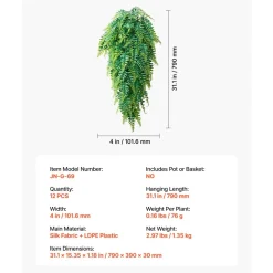 VEVOR Artificial Ferns, 12 Pcs Fake Hanging Boston Fern Bush Plant with 32 Inch Hanging Length, Plastic Faux Greenery for Indoor/Outdoor Decor, For Wall, Wedding Party, Home, Porch Garden, No Basket