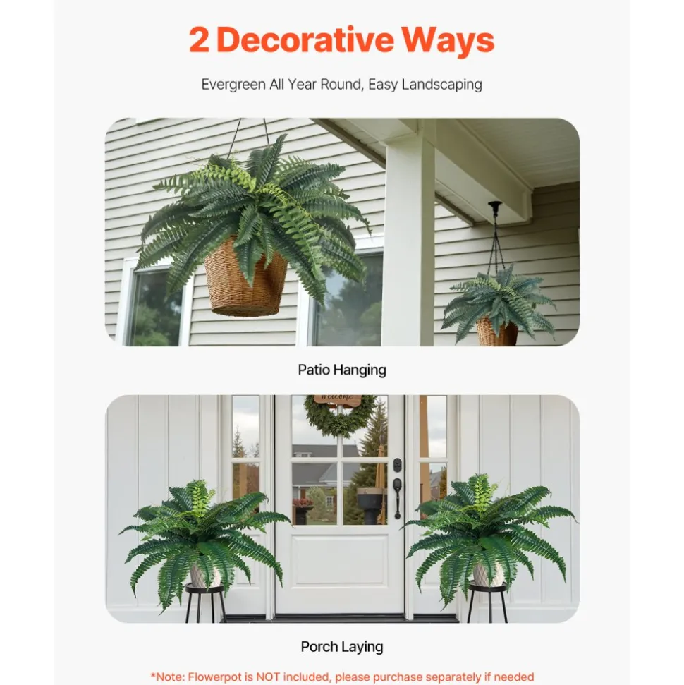VEVOR Artificial Ferns 2 Pcs, Natural Spread Diameter 31-34 Inch, Large Hanging Artificial Boston Ferns, Fake Plant Wall Decor with 30 Branches, Faux Fern for Home and Office (Flowerpot Unincluded)