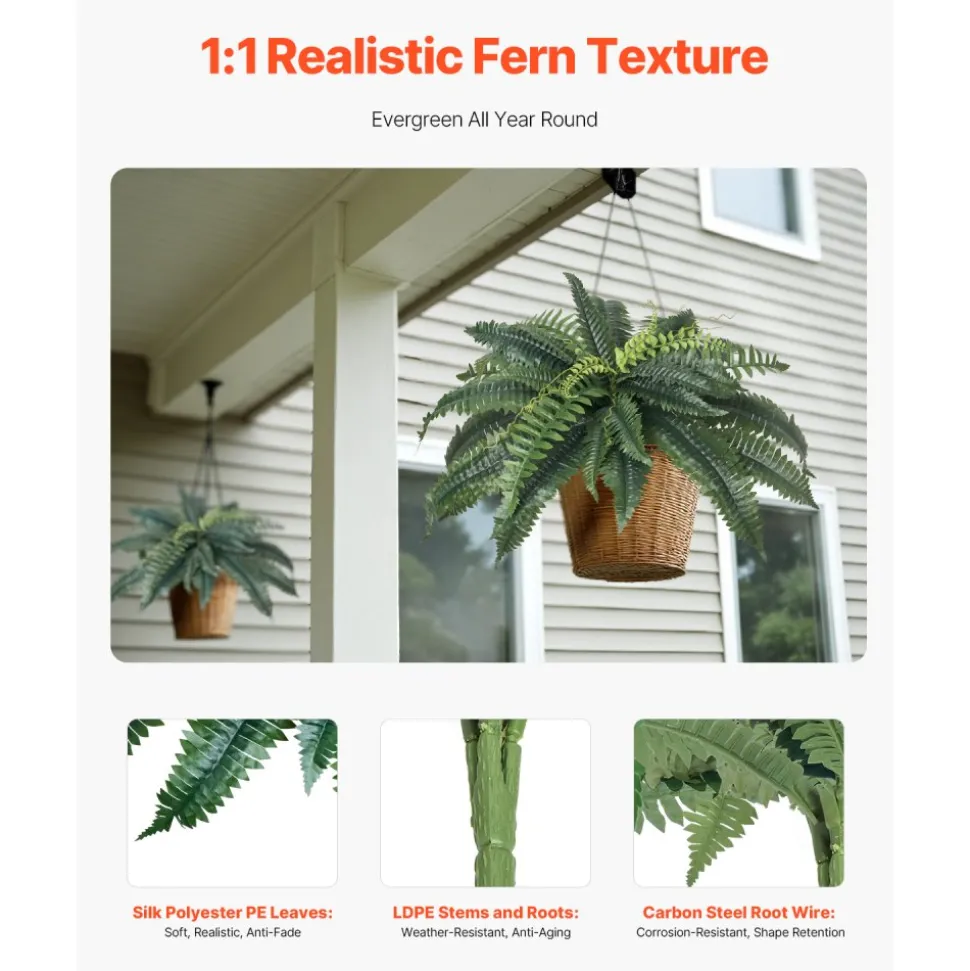 VEVOR Artificial Ferns 2 Pcs, Natural Spread Diameter 31-34 Inch, Large Hanging Artificial Boston Ferns, Fake Plant Wall Decor with 30 Branches, Faux Fern for Home and Office (Flowerpot Unincluded)