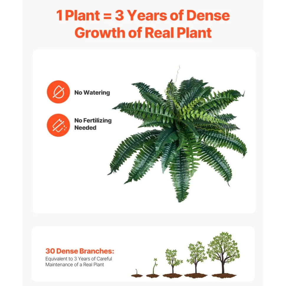 VEVOR Artificial Ferns 2 Pcs, Natural Spread Diameter 31-34 Inch, Large Hanging Artificial Boston Ferns, Fake Plant Wall Decor with 30 Branches, Faux Fern for Home and Office (Flowerpot Unincluded)