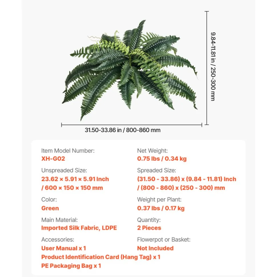 VEVOR Artificial Ferns 2 Pcs, Natural Spread Diameter 31-34 Inch, Large Hanging Artificial Boston Ferns, Fake Plant Wall Decor with 30 Branches, Faux Fern for Home and Office (Flowerpot Unincluded)