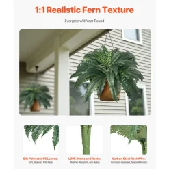 VEVOR Artificial Ferns 2 Pcs, Natural Spread Diameter 43-47 Inch, Large Hanging Artificial Boston Ferns, Fake Plant Wall Decor with 50 Branches, Faux Fern for Home and Office (Flowerpot Unincluded)