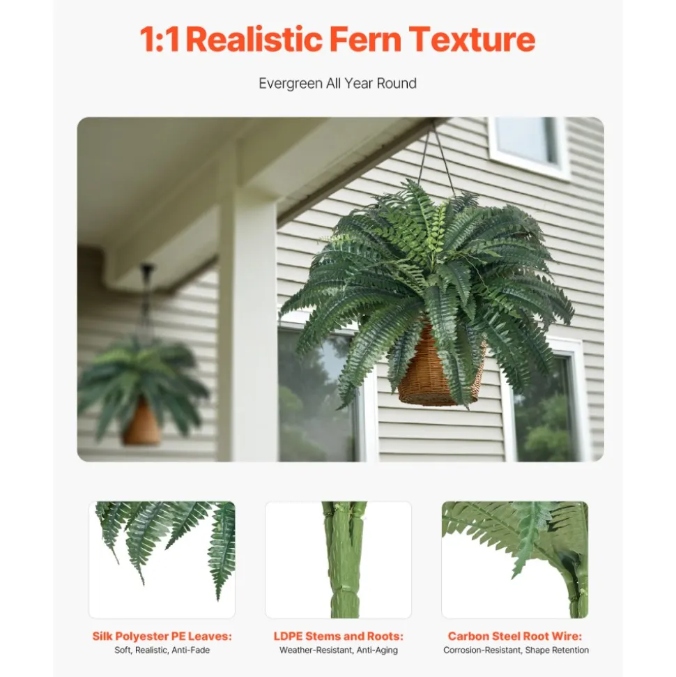 VEVOR Artificial Ferns 2 Pcs, Natural Spread Diameter 43-47 Inch, Large Hanging Artificial Boston Ferns, Fake Plant Wall Decor with 50 Branches, Faux Fern for Home and Office (Flowerpot Unincluded)