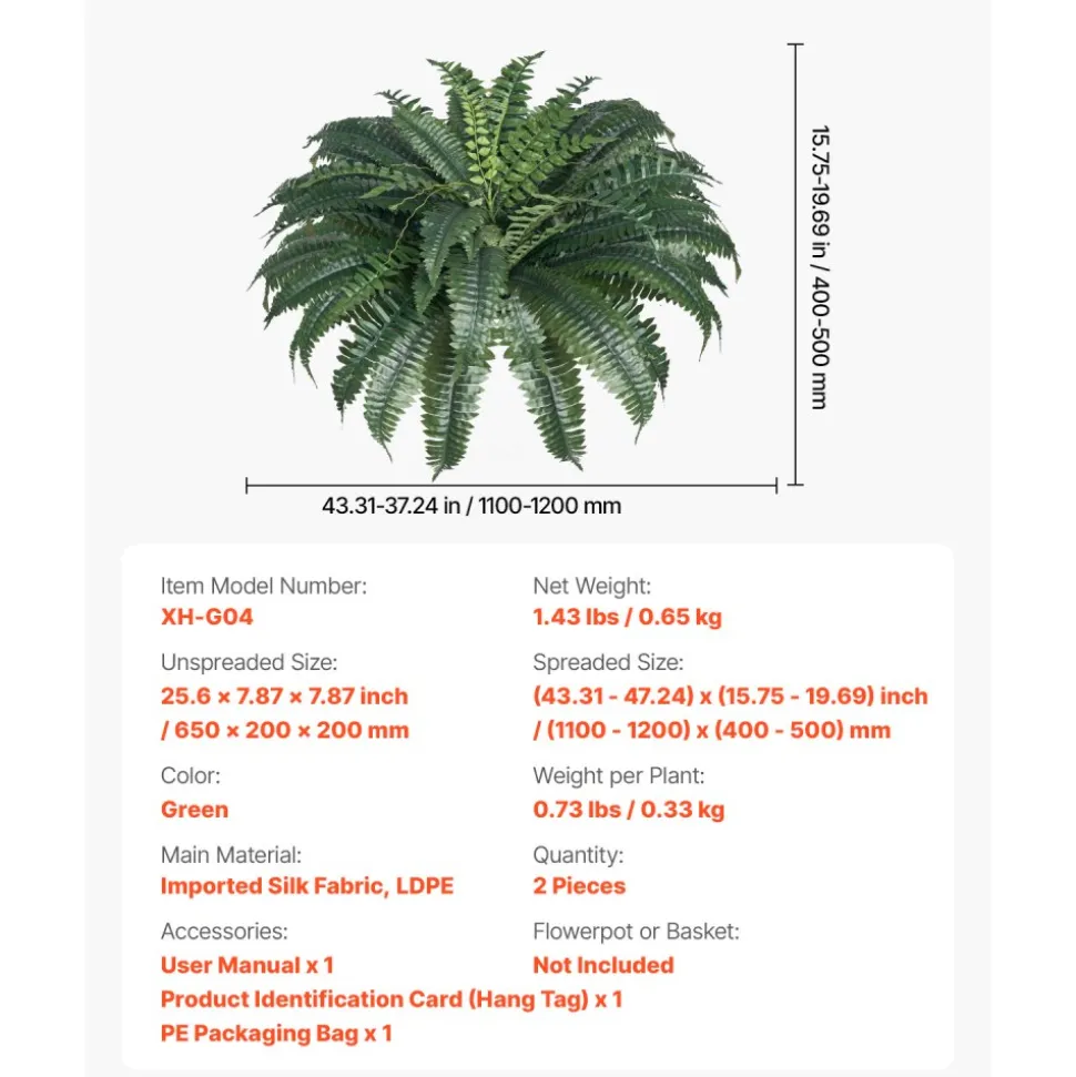 VEVOR Artificial Ferns 2 Pcs, Natural Spread Diameter 43-47 Inch, Large Hanging Artificial Boston Ferns, Fake Plant Wall Decor with 50 Branches, Faux Fern for Home and Office (Flowerpot Unincluded)