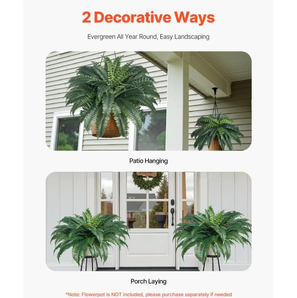 VEVOR Artificial Ferns 2 Pcs, Natural Spread Diameter 43-47 Inch, Large Hanging Artificial Boston Ferns, Fake Plant Wall Decor with 50 Branches, Faux Fern for Home and Office (Flowerpot Unincluded)