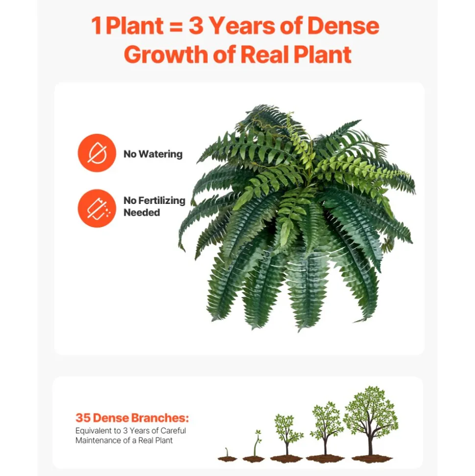 VEVOR Artificial Ferns 2 Pcs, Natural Spread Diameter 35-39 Inch, Large Hanging Artificial Boston Ferns, Fake Plant Wall Decor with 35 Branches, Faux Fern for Home and Office (Flowerpot Unincluded)