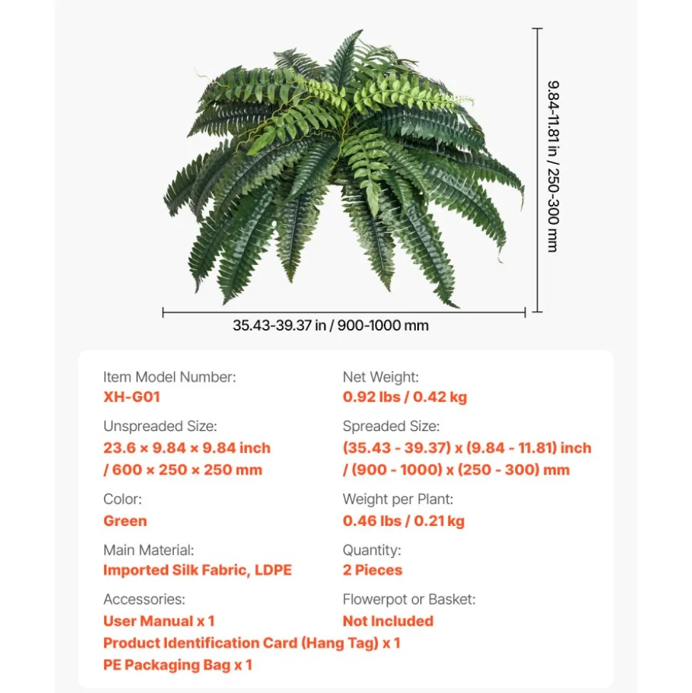 VEVOR Artificial Ferns 2 Pcs, Natural Spread Diameter 35-39 Inch, Large Hanging Artificial Boston Ferns, Fake Plant Wall Decor with 35 Branches, Faux Fern for Home and Office (Flowerpot Unincluded)